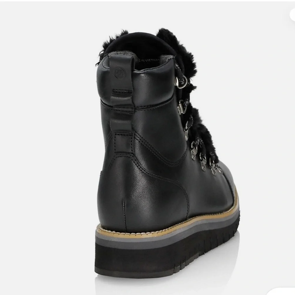 Cole Haan Women’s Zerogrand Lodge Hiker Boots Faux Fur Trim Winter Boots Leather